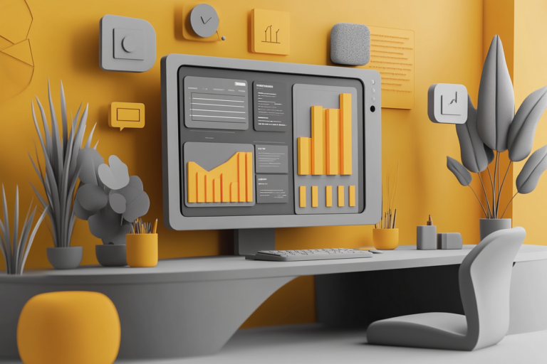 Bold 3D digital marketing control room with futuristic data dashboards and vibrant lighting