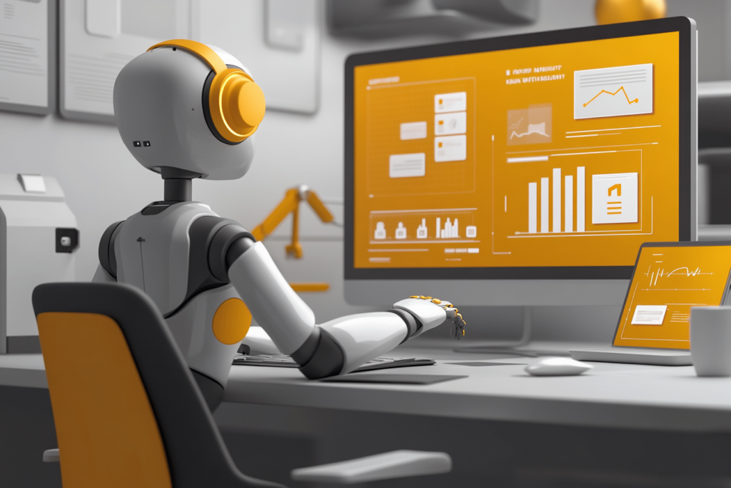 Hyper-modern robotic assistant interacting with digital technology and data visualization Hyper-modern robotic assistant interacting with digital technology and data visualization
